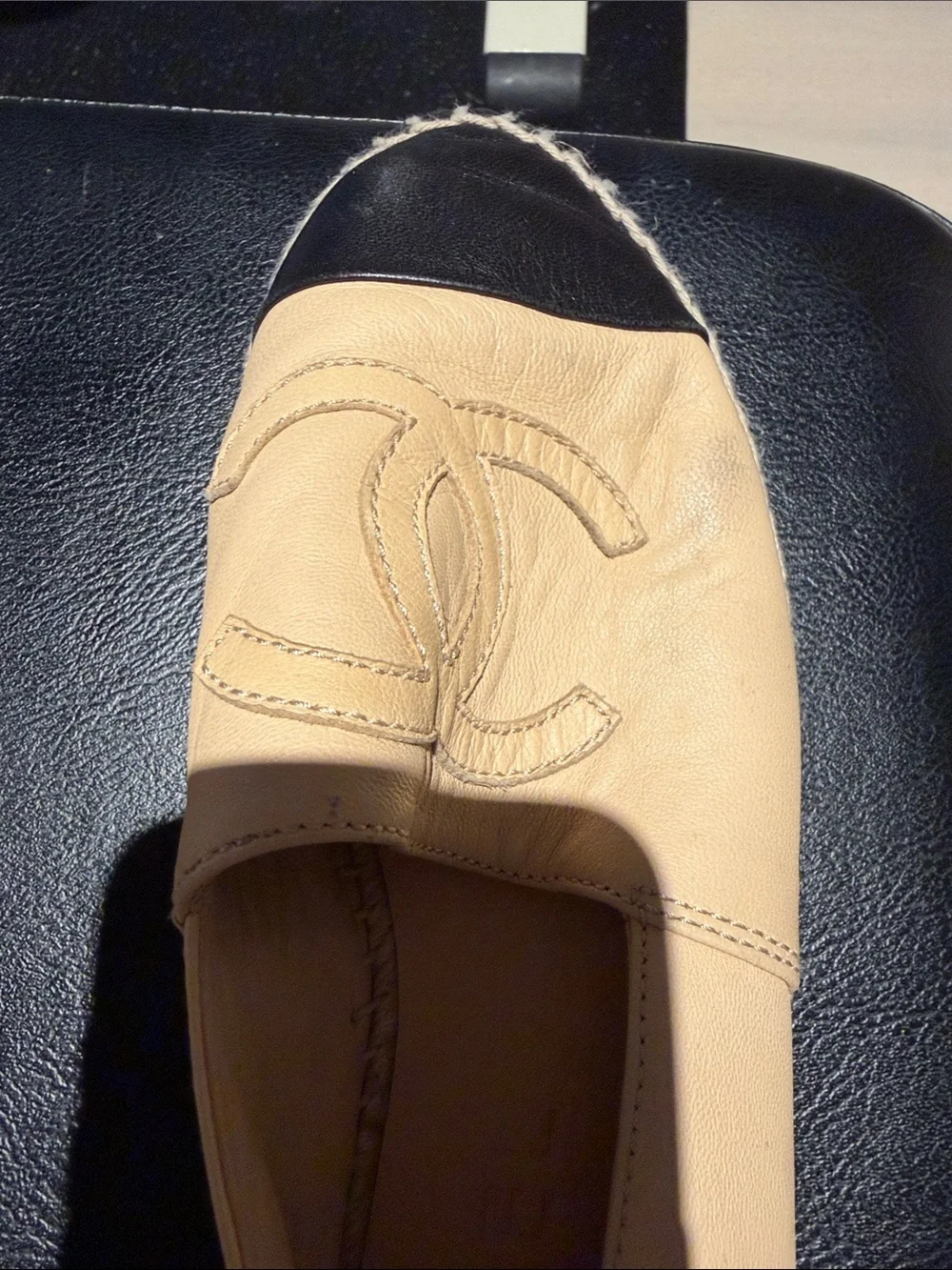 CHANEL Beige Leather Espadrilles with Black Cap Toe